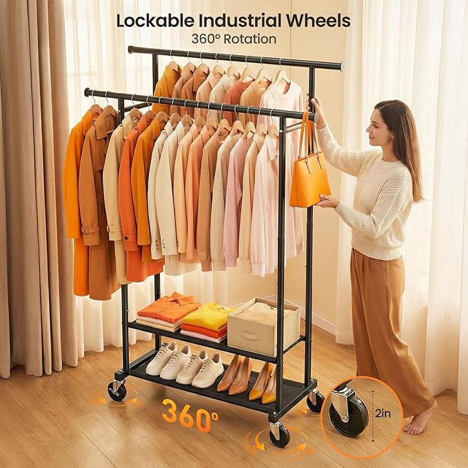 Double Rods Clothes Rack, Rolling Clothing Rack for Hanging Clothes Closet Rack with Wheels, Metal Portable Garment Rack with Double Shelves for Bedroom Laundry Living Room, Matte Black