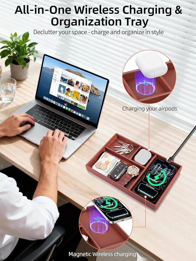 Valet Tray, Built in Wireless Charger, Nightstand Organizer, Mens Jewelry Box, Dresser Organizer, Valet Charging Station, Faux Leather Valet Tray for Men and Women, Brown