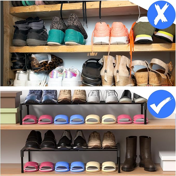 Teenyyou 4 Pcs Expandable Shoe Rack 17 ''-30 '' Adjustable Shoe Shelf Metal 1 Tier Rack Black Stackable Organizer for Cabinet Entryway Closet Doorway Front Door Small Space Dorm Room Storage