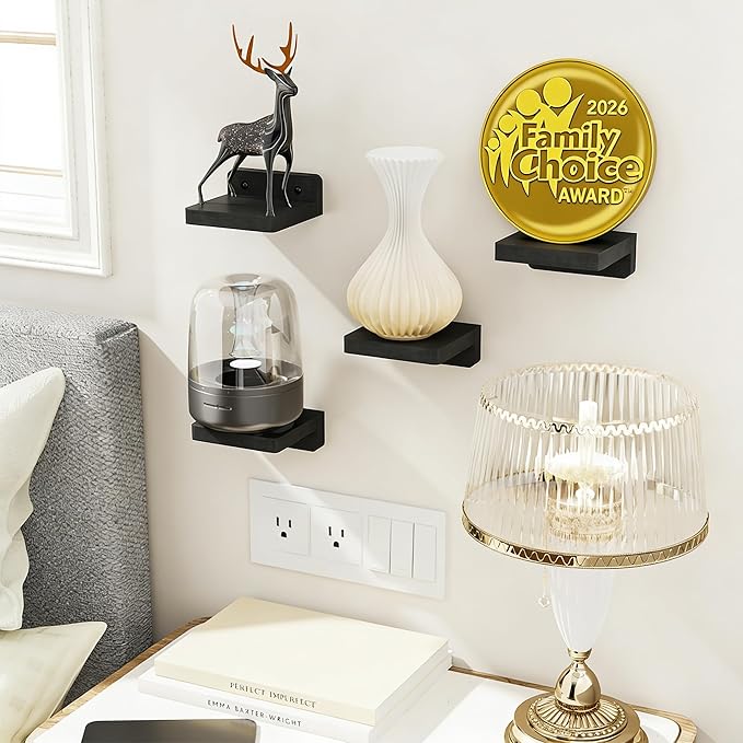 SRIWATANA Small Floating Shelves Wall Mounted, Wood Shelf for Decoration and Storage Set of 4, Mini Display Shelf for Bedroom, Bathroom, Kitchen, Office (Black, 4 inch)