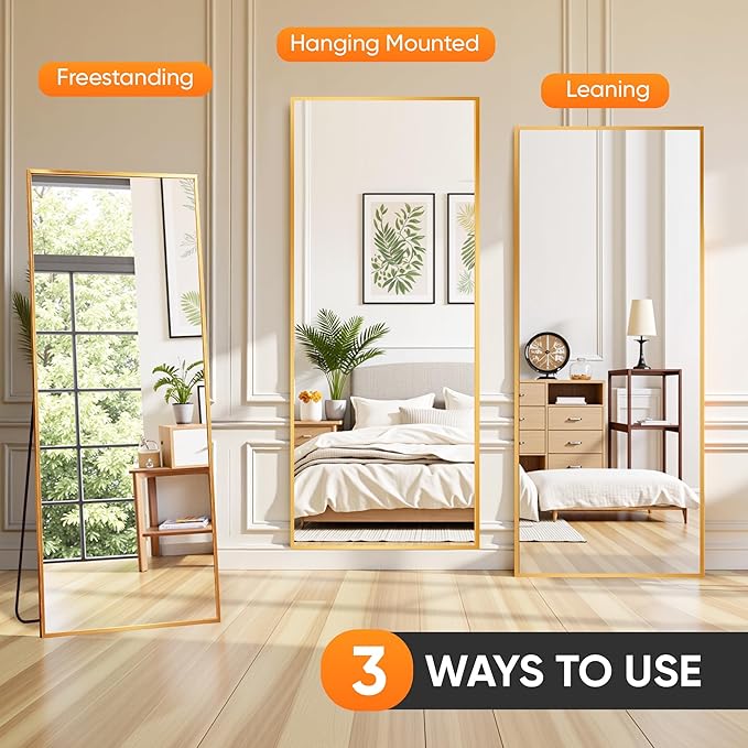 Suidia Full Length Mirror, 56"x14" Floor Standing Mirror Freestanding, Full Body Mirrors with Stand for Bedroom, Hanging Mounted for Living Room Cloakroom, Gold, Rectangular Style