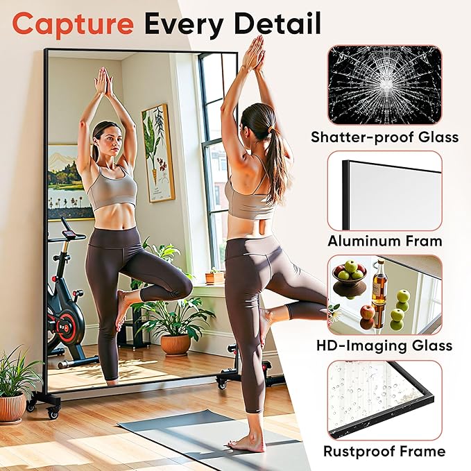 Suidia 72"x40" Extra Large Full Length Mirror on Wheels, 360° Swivel Rolling Mirror Floor, HD Tempered Glass Full Body Standing Mirrors for Home Gym, Yoga, Dance Studio, Bedroom, Rectangular, Black