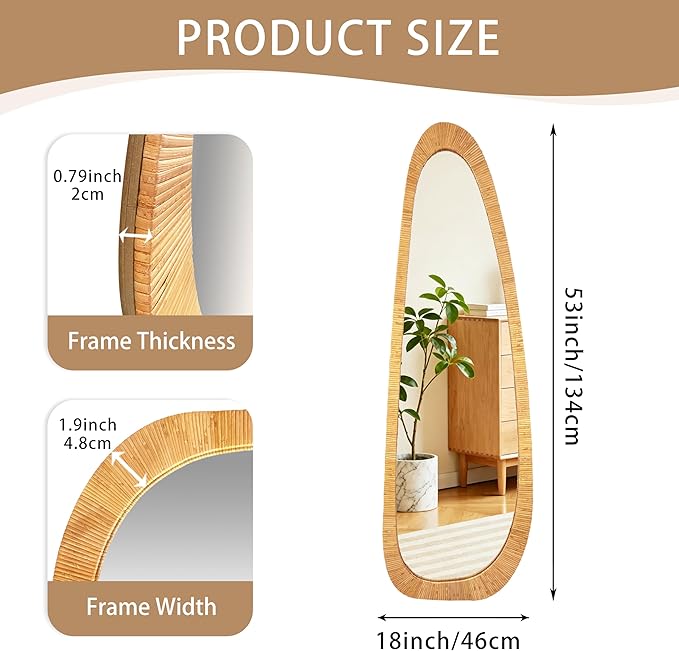 BAODANFU Irregular Natural Rattan Mirror, 18×53 Inch Full Length Wall Mirror, 4-Way Handwoven Decorative Asymmetrical Mirrors, Boho Rustic Decor for Entryway Bedroom Living Room Home