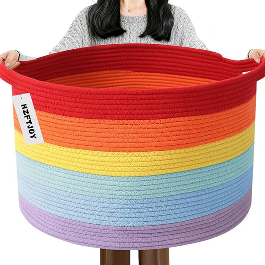 65L Large Blanket Basket,19.7" L x 19.7" W x 13" H Rope Woven Baskets with Handles, Toys Storage Bins,Laundry Basket Perfect for Living Room, Nursery,Bedroom,Home Organization,Rainbow