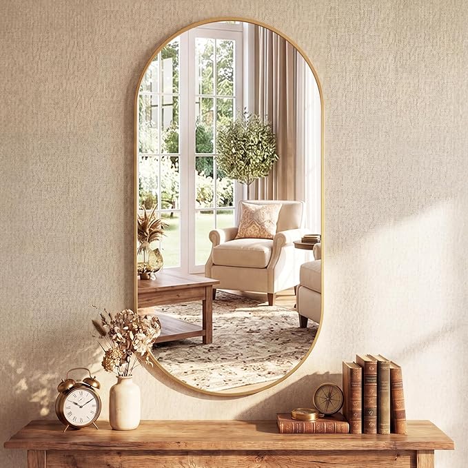 Sweetcrispy 24" x 48" Gold Bathroom Mirror for Wall, Oval Wall Mirror with Metal Frame, Tempered Glass, Modern Vanity Mirror for Over Sink, Living Room, Bedroom, Entryway, Horizontal or Vertical