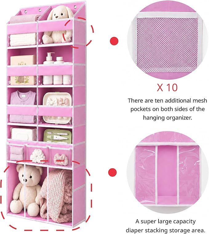 Extra Large Over The Door Organizer with Clear Pockets - 8 Compartments & XL Bottom Storage, Heavy-Duty Hanging Organizer for Bathroom, Bedroom, Closet (57 Inch Height). (Pink)