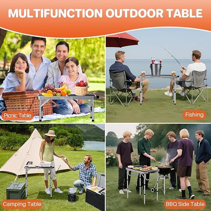 FUNYKICH 2ft Small Folding Camping Table(L22.8'' xW15.7''), 3 Height Adjustable Portable Picnic Table, Lightweight Aluminum Outdoor Tables with Carry Handle for Camping, Picnic, Silver