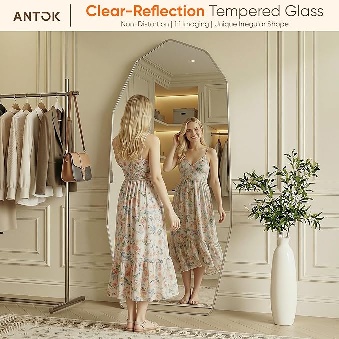 Antok Full Length Mirror, 71"x32" Floor Mirror, Free Standing Wall Mounted or Leaning Full Body Mirror with Aluminum Alloy Frame, Diamond Irregular for Bedroom Entryway Cloakroom, Silver