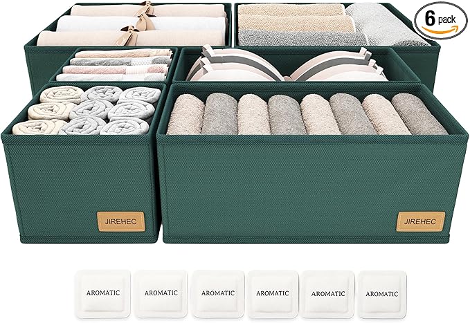 Clothes Organizer, Transform Your Drawers in Seconds - Green Set of 6 Foldable Storage Boxes with Zipper, Durable 600D Fabric, Includes Fragrance Sachets, Ideal for Underwear, Socks, Baby Clothes