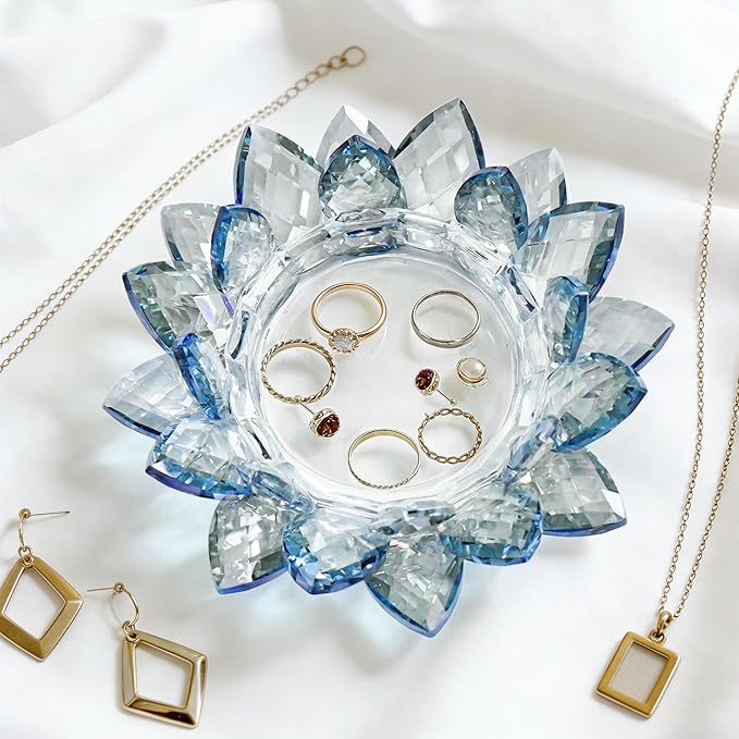 Crystal Flower Jewelry Tray, Luxury Transparent Decorative Trinket Dish for Rings, Earrings, Necklaces, Keys for Vanity Dresser Nightstand, Elegant Gift for Women Mother's Day (1, 6.3"(W)- Blue)
