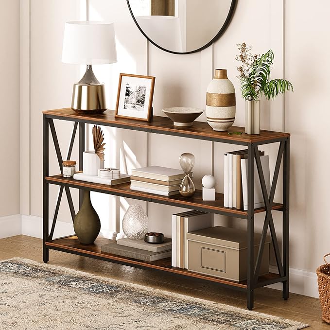 MAHANCRIS 55" Sofa Table, Industrial Console Table, 3-Tier Narrow Sofa Table with Storage Shelves, Foyer Table for Entryway, Hallway, Kitchen, Living Room and Bedroom, Rustic Brown CTHR80401