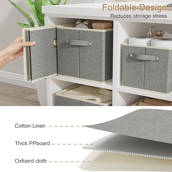 Fabric Open Storage Bins with Metal Handles, Collapsible Organizer Baskets, Foldable Cube Boxes for Shelves, Closet, Living Room, 13x9.1x7.9in, Grey, 4 Pack