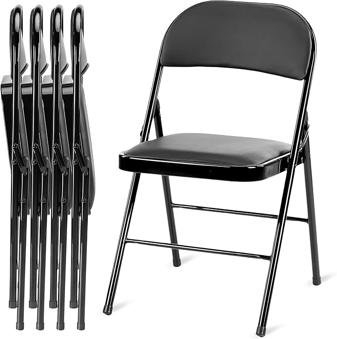 Simple Deluxe 4 Pack Folding Chairs with Leather Padded Cushion Seats & Durable Metal Frame, Comfortable, Foldable, Portable, Commercial Event Seat, Indoor Outdoor for Parties, Home, Office, Black