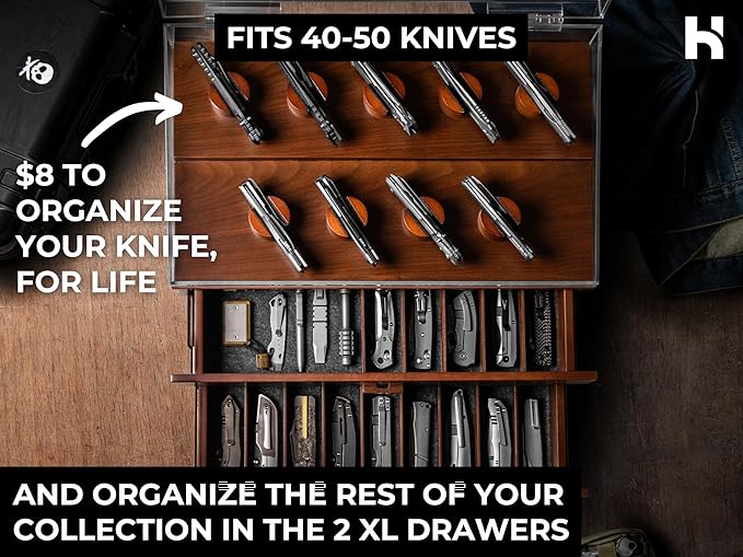 Premium Pocket Knife Display Case for 50 Knives - Extra Large Wooden Knife Organizer, Storage & Holder with Unique Pillars, 2 Drawers - Knife Collection Box - Handcrafted Father's Day Present for Men