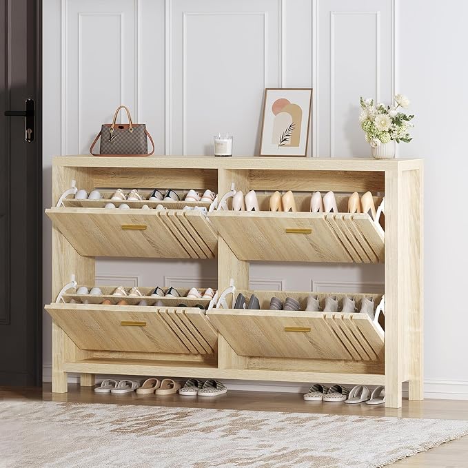 knoworld Shoe Storage Cabinet for Entryway with 4 Flip Drawers, 47.24" Narrow Fluted Shoe Organizer Cabinet, Slim Wooden Shoe Cabinet, Freestanding Hidden Shoe Cabinet for Entrance, Hallway (Natural)