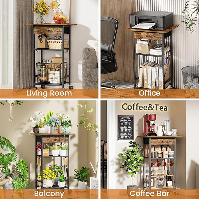 Microwave Cart, 4-Tier Microwave Stand with Adjustable Shelf, Kitchen Storage Cart on Wheels, Coffee Bar Cart Shelf for Living Room, Kitchen Island, Office, Balcony, Rustic Brown