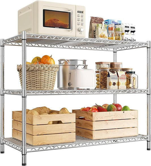 3- Shelf Metal Shelving Unit 35.6Wx14Dx36H,Adjustable Storage Shelves Heavy Duty Garage Steel Shelving for Office,Wire Rack Small Shelf for Kitchen Shelves Laundry Bathroom Pantry Closet,Chrome