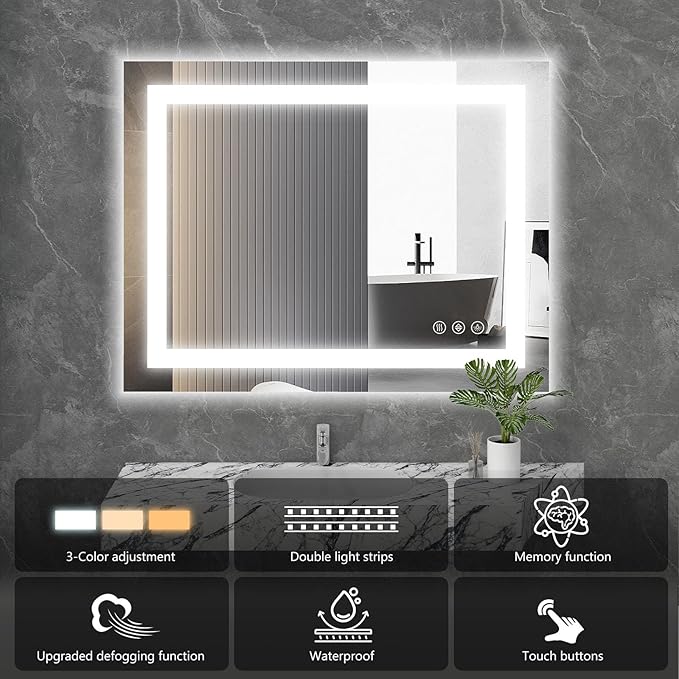Sweetcrispy 24"x32" Smart Anti-Fog LED Bathroom Mirror with Lights and Front Light & Backlit, 3 Color Temperatures, Dimmable, Memory Function, Rectangle Modern Vanity Mirror
