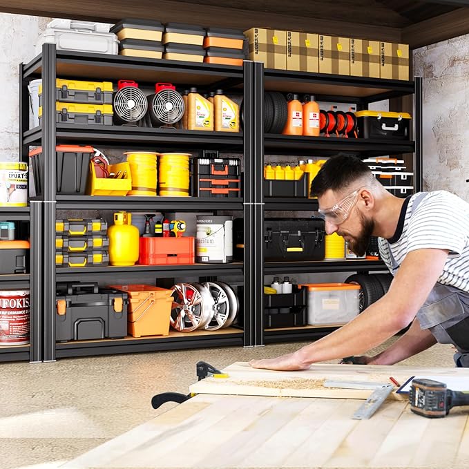 Storage Shelves,Adjustable Shelving Unit,5T Wood Garage Shelving ,Heavy Duty Garage Storage Shelves, Quick-Install Metal Shelving Unit Utility Rack Shelf for Warehouse, Pantry, Kitchen71.2’H*28’W*12’D