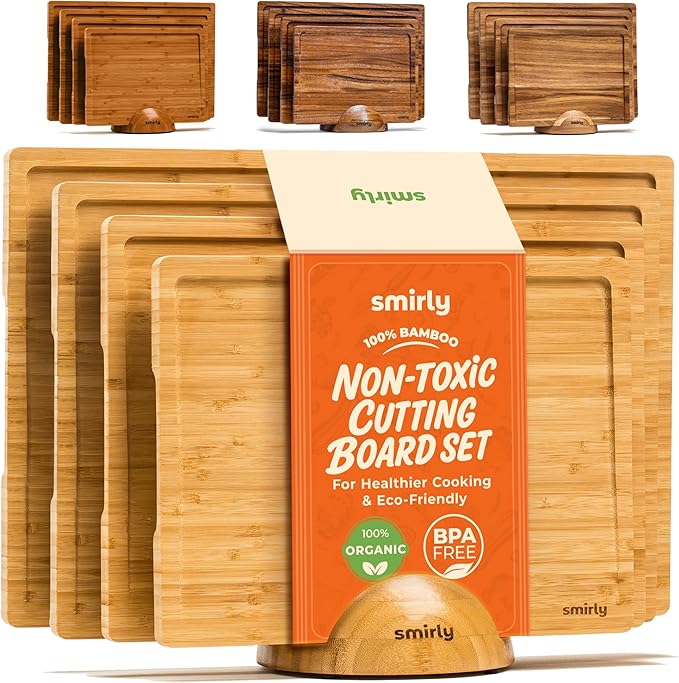 SMIRLY Bamboo Cutting Boards for Kitchen - Wood Cutting Board with Handle and Juice Groove for Meal Prep, Charcuterie - Kitchen Gadgets - Wooden Chopping Board Set of 4 with Holder - Natural Bamboo