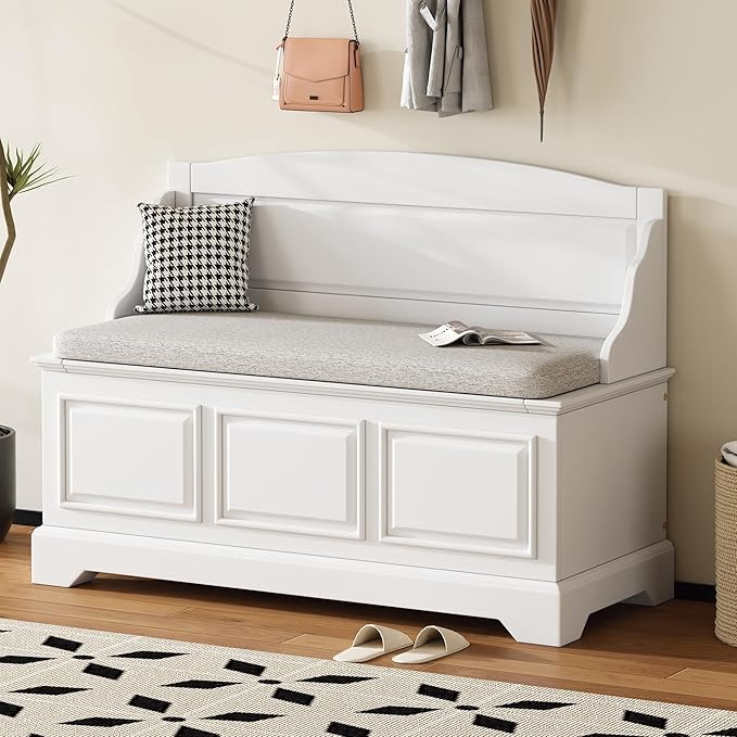 LUMISOL Shoe Storage Bench with Cushion, 41.7“ Farmhouse Entryway Bench with Soft-Close Devices and Hidden Storage, Upholstered Storage Ottoman for Living Room, Entryway, Bedroom, White