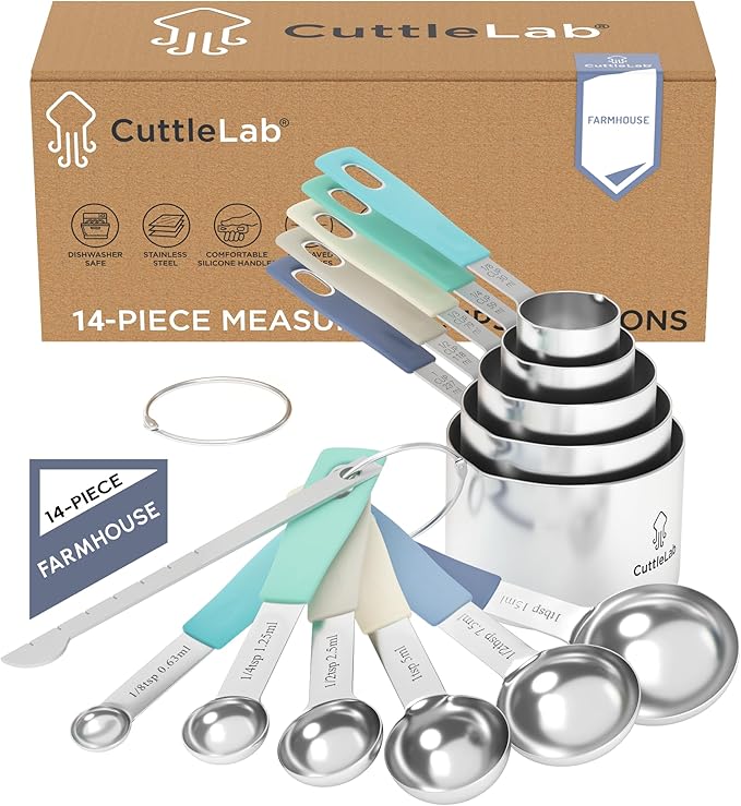 CuttleLab Measuring Cups and Measuring Spoons Set of 14 - Stainless Steel Measuring Cups and Spoons Set, Includes 1/8 Teaspoon Measuring Spoon, 1/8 Cup Measuring Cup, Leveler Dry (14, Farmhouse)