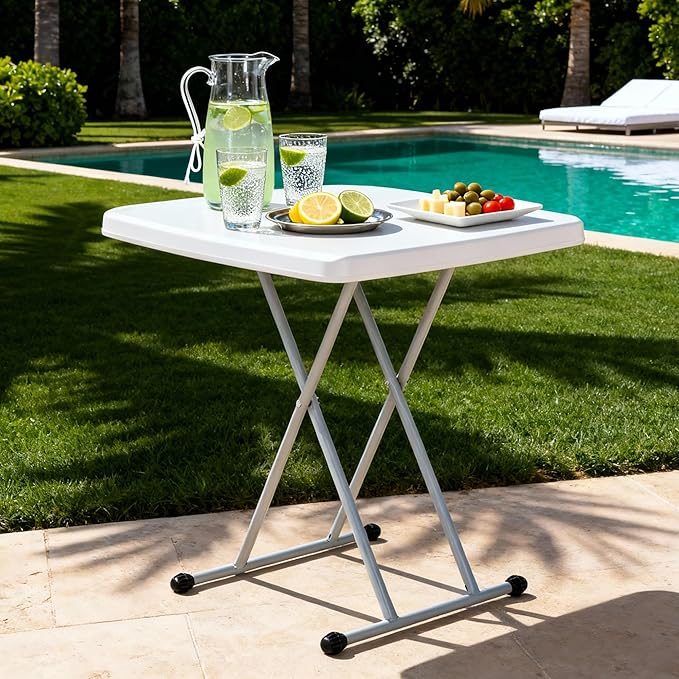 SUPER DEAL 2.5 Foot Plastic Folding Table, Indoor Outdoor Portable Heavy Duty Adjustable Height Kitchen or Camping Barbecues Picnic Party Tray Table, White