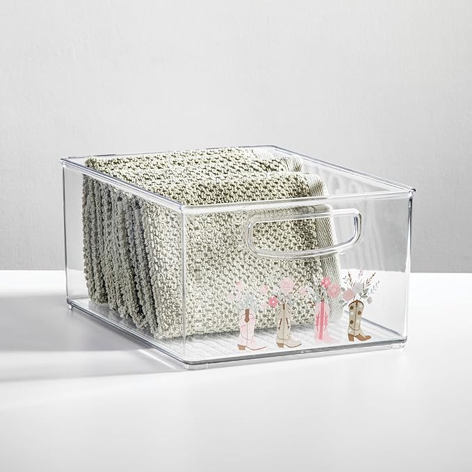 iDesign Bathroom Organizer Bin with Decorative Print - Stackable Plastic Storage Basket for Makeup & Vanity Organization - Clear