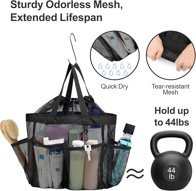 F-color Mesh Shower Caddy Portable with Drawstring - Large 8 Pockets Dorm Room Essentials for Guys Girls with S Hook, Shower Bag Basket Tote for College Camping Travel Bathroom, 2 Pack Black & Pink