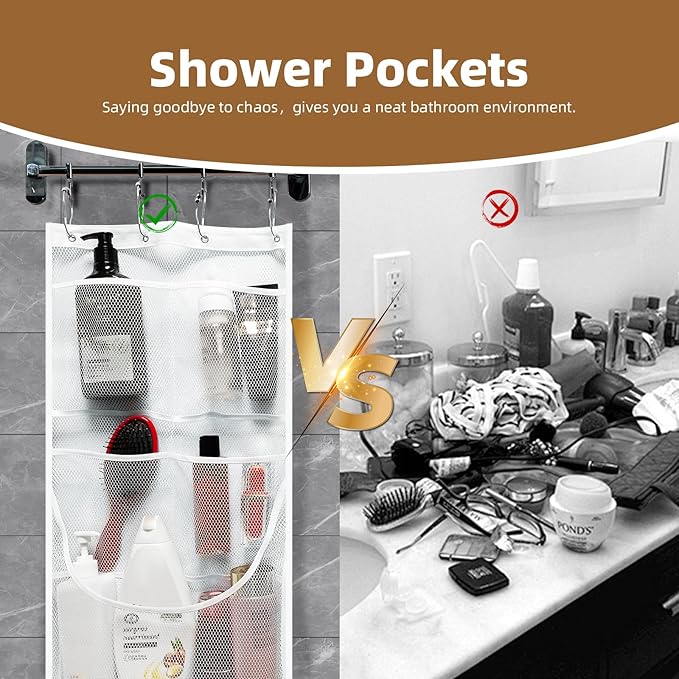 Mesh Shower Caddy Hanging,Hanging Mesh Pockets Shower Curtain Liner Pockets Hanging with Pockets Quick Dry Cruise RV Camper Bathroom Organizer with Shower Curtain Hooks