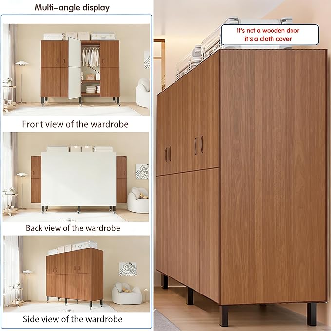 Heavy Duty Covered Clothes Rack with Magnetic Door Foldable Portable Wardrobe Closet for Hanging Clothing Rolling Black Metal Garment Rack on Wheels Closet System (Dragon Sandalwood, 49.12in)
