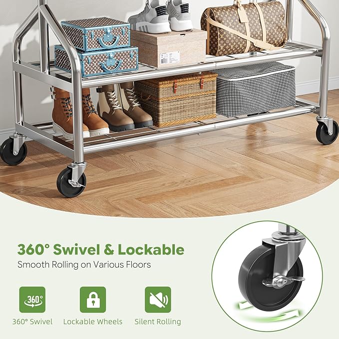 Ekisemio Heavy Duty Clothes Rack Load 650 LBS, Rolling Clothing Rack with Shelves, Metal Garment Rack for Bedroom, Laundry Room, Retail Store, Chrome