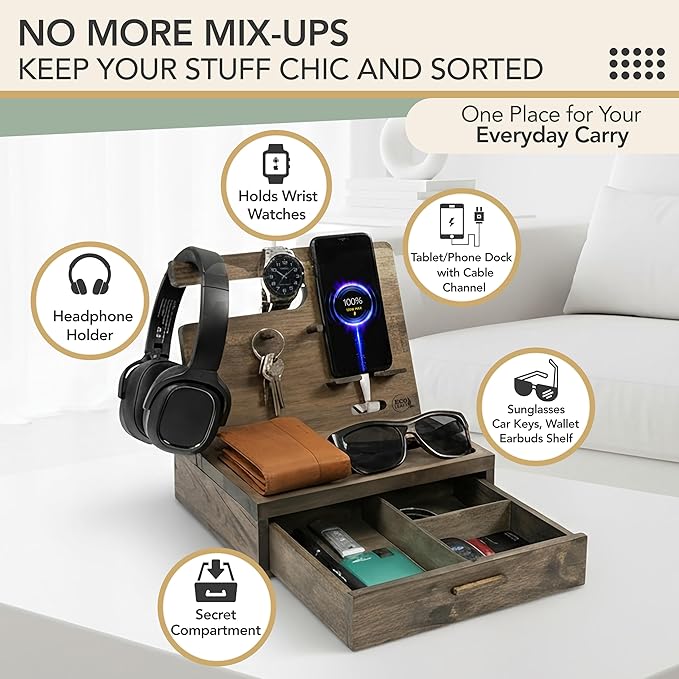 Nightstand Organizer for Men- Phone Docking Station with Drawer for Cellphone, Watches, Sunglasses & Accessories- Makes an Ideal Gift for Dad or Son (Rustic)
