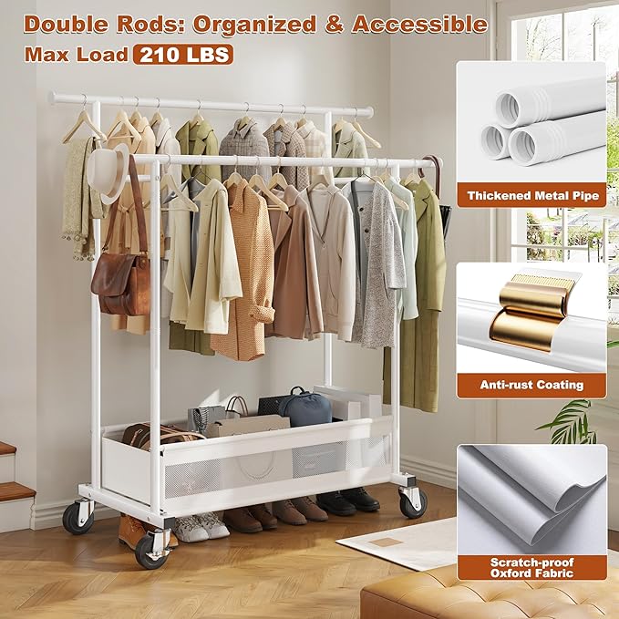 Clothes Rack Clothing Racks for Hanging Clothes, Rolling Clothes Rack Portable Clothing Rack, Double rod clothing rack with Storage Basket, Garment rack for Bedroom, Laundry Room, White