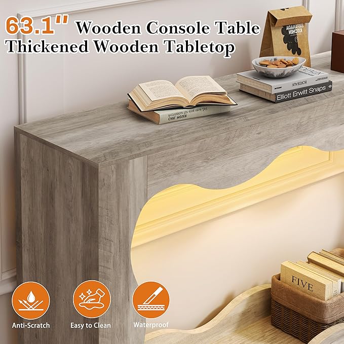 Vongrasig 63-Inch Farmhouse Entryway Table with Light Strips, Scalloped Console Table with Built-in Storage, Narrow Long Behind Couch, Wooden Curvilinear Sofa Table for Entrance, Hallway, Grey