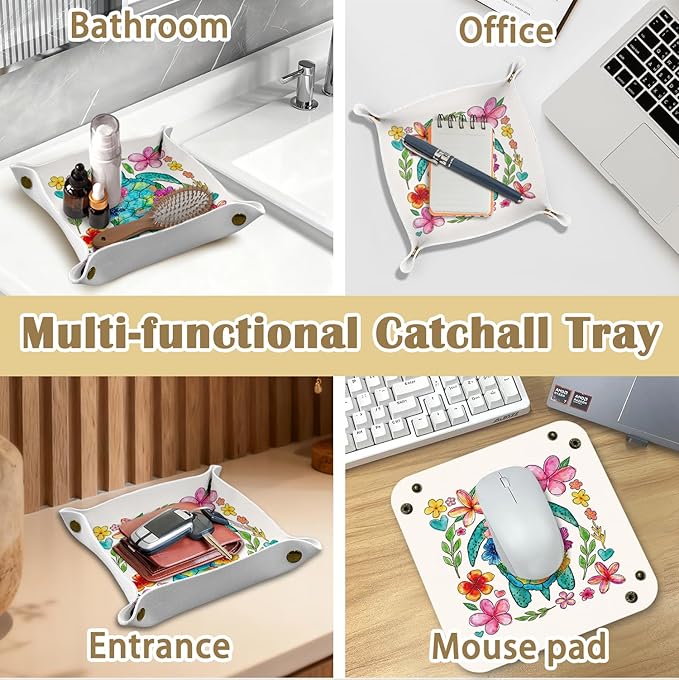Sea Turtle Gifts Jewelry Valet Tray for Women, Coastal Sea Turtle Floral PU Leather Catchall Beside Caddy Nightstand Organizer Tray for Jewelry Rings Watches Keys and Accessories, 7.87x7.87in