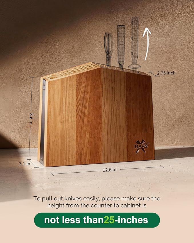 RAVS Universal Knife Block Without Knives, Acacia Wood Universal Knife Holder for Countertop, Kitchen Knife Storage Organizer with Slots for Scissors and Sharpening Rod, 22-Slot Large Capacity