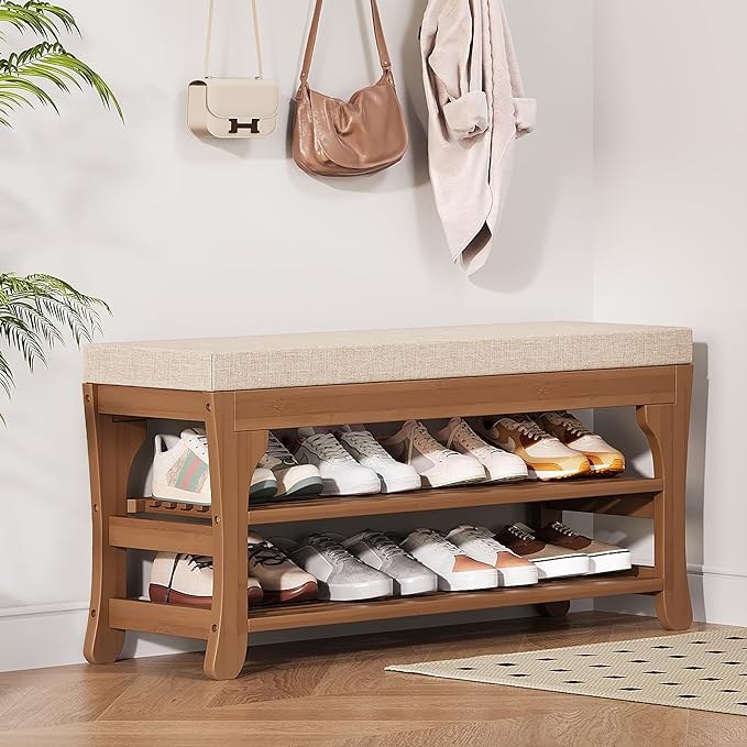 PETKABOO 39.4" Shoe Storage Bench with Cushion, Bamboo Shoe Rack Bench, 2-Tier Entryway Shoe Organizer, Supports up to 380 LB, for Hallway, Bedroom, Closet, Living Room