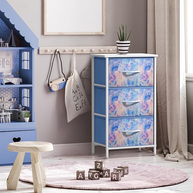Sorbus Nightstand with 3 Drawers - Bedside Furniture & Accent End Table Chest for Home, Bedroom, Office, College Dorm, Steel Frame, Wood Top, Easy Pull Fabric Bins (3-Drawer, Blue Tie-dye)