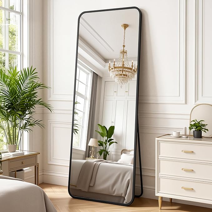 Antok 49''x 15''Full Length Mirror Over Door, 4-in-1 Standing Leaning Wall Mounted, Adjustable Hanging Mirror for Bedroom Living Room, Black, Rounded Corner