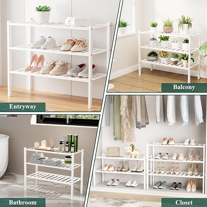 Smiry Long Bamboo Shoe Rack, 4 Tier Free Standing Wooden Shoe Organizer, Stackable Wood Shoe Storage Shelf for Closet, Entryway, 12 Vertical Slats, 2+2 Stack Standard Legs, 33.7"x11"x26", White