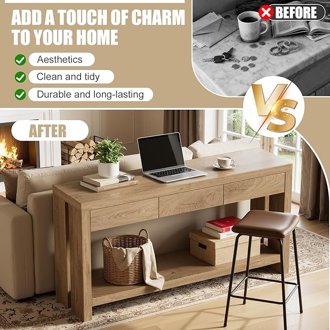 PAKASEPT 63'' Wood Console Table with Drawers, Farmhouse Entryway Table with Open Storage Shelf,Couch Table Behind,Long Foyer Tables for entryway, Sofa for Living Room Hallway,Natural