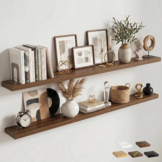 Venusmiles Floating Shelves for Wall, 72 Inch Floating Shelves Set of 2, 6.5" D Wooden Wall Mounted Display Shelves with Invisible Brackets for Living Room, Bedroom, Bathroom, Kitchen Decor, Walnut