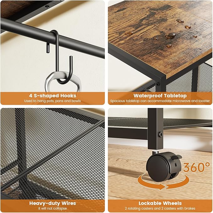 Rolling Kitchen Microwave Cart, 3-Tier Microwave Stand with Adjustable Shelf, Kitchen Storage Cart on Lockable Wheels, Coffee Bar Cart Shelf Rack Organizer for Kitchen, Living Room, Office, Balcony