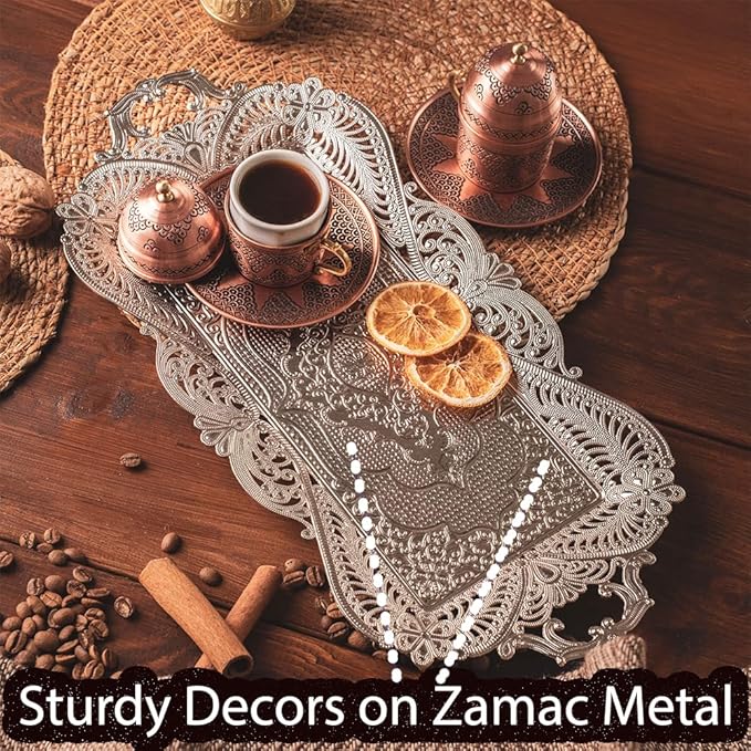 Small Silver Turkish Metal Coffee Tea Serving Tray Table Home Decor Decorative Handles - Fancy Vintage Brass Mini Rustic Retro Wedding Antique Style Traditional Counter Kitchen Tray