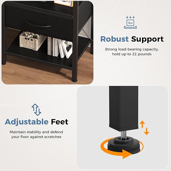 DUMOS Nightstand Set of 2 with Wireless Charging Station Bed Side Tables with Adjustable Fabric Drawers and 3 - Tier Storage End Tables Modern Design, Black
