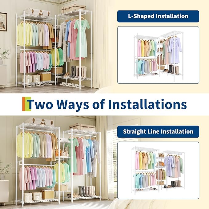 Freestanding Heavy Duty Garment Rack with Adjustable Shelves and Hanging Rods, Large 1630 Lbs Capacity Portable Closet Organizer for Bedroom or Cloakroom Storage, White