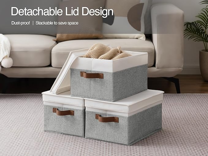 StorageWorks Fabric Storage Bins with Lids, Decorative Storage Bins with PU Handles, Foldable Storage Baskets for Closet, Shelves, Stackable and Sturdy Organization, Gray and White, Large, 3-Pack