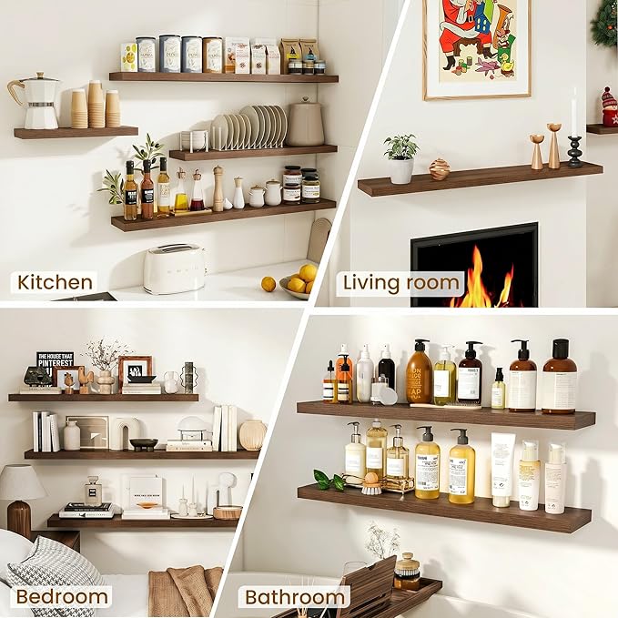 Dreamland 40Inch Floating Shelves for Wall, Rustic Wooden Walnut Floating Shelves for Living Room, Kitchen, Farmhouse, Deep Wall Mounted Book Shelf, Wood Storage Display Shelf for Home Decor, Set of 2
