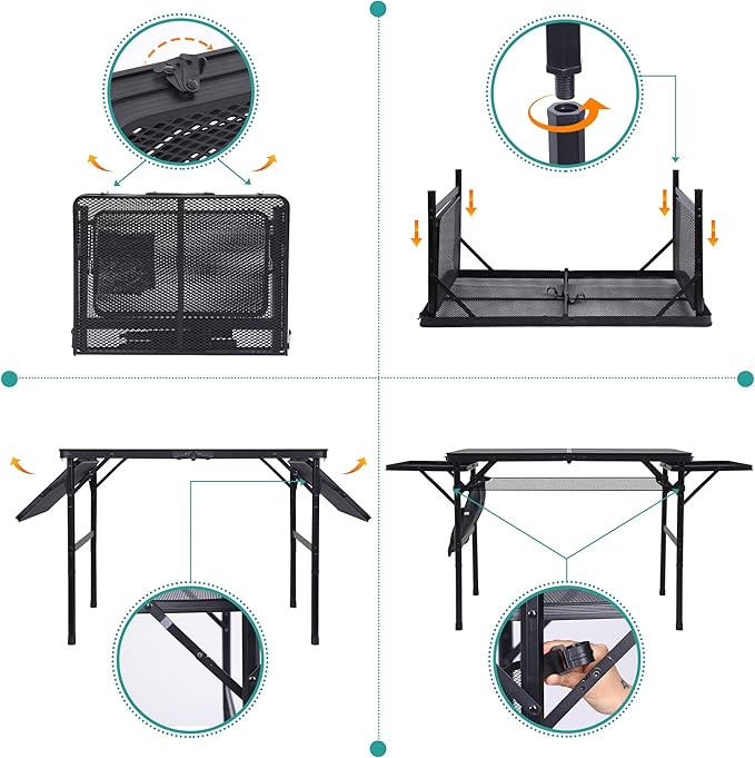 Nice C Folding Grill Table, Camping Tailgate Metal Table, 2 Tier Mesh Grill Station, with Metal Folding Adjustable Height&Width, Mesh Net, Carry Handle, for Outdoor